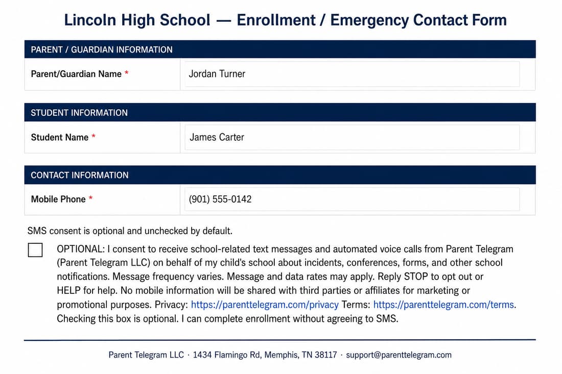 School enrollment form with an unchecked optional SMS consent checkbox